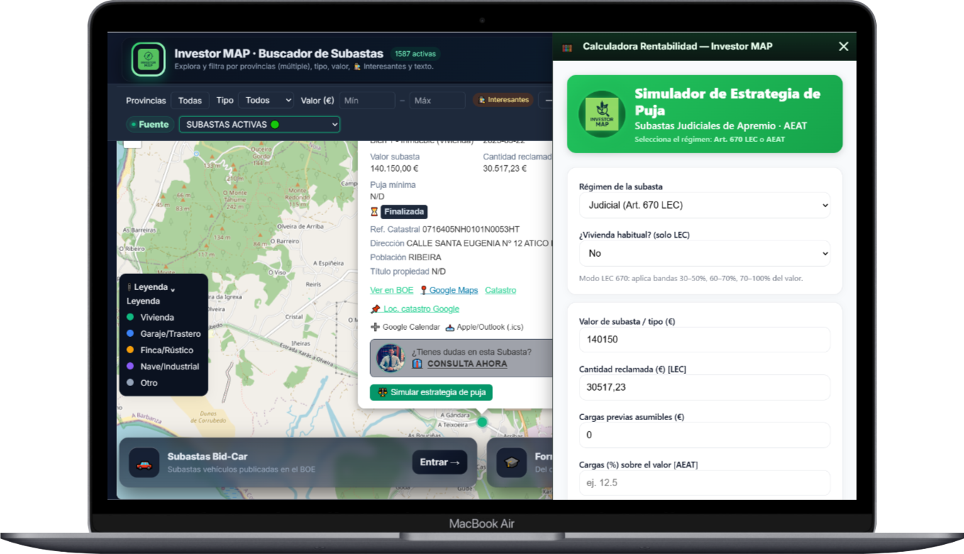 InvestorMAP en móvil — mapa de subastas